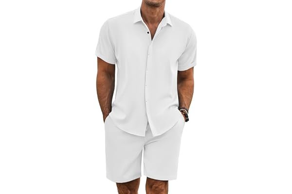 Glowy late-afternoon fit haul: Maximum comfort settings — COOFANDY Men's Summer Beach Outfits 2 Piece Short Sleeve Shirts and Shorts Vacation Texture Linen Sets