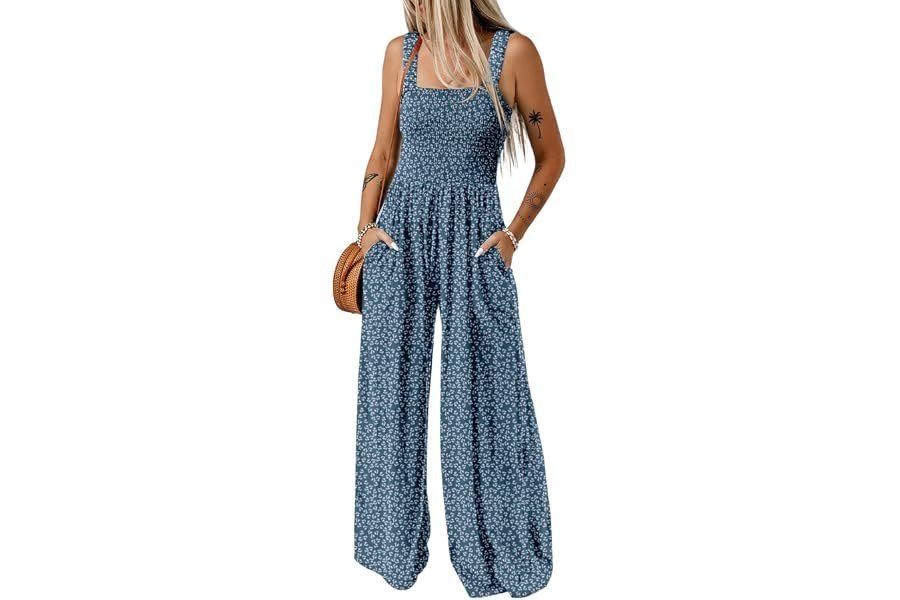 Soft textures, clean lines: Wide-Leg Pants in the golden-hour light — Dokotoo Women's Casual Loose Overalls Jumpsuits One Piece Sleeveless Printed Wide Leg Long Pant Rompers With Pockets