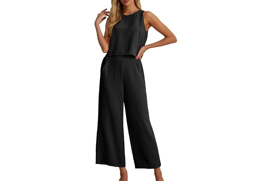 Soft textures, clean lines: Cropped Wide-Leg Pants in the late-night light — IWOLLENCE Women's Summer 2 Piece Outfits Set Round neck Sleeveless Tank Crop Top Wide Leg pants Set Pockets Jumpsuits