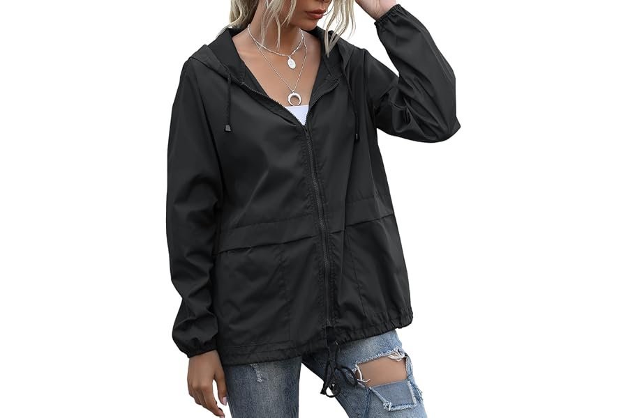 The unexpected outfit win starring Waterproof Lightweight Hooded Rain Jacket and clean accents — JMinger Women's Raincoats Lightweight Waterproof Windproof Adjustable Windbreaker Rain Jackets Hooded with Pockets S-XXL