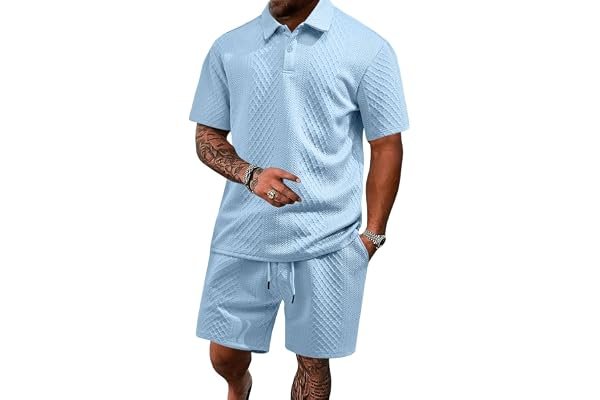 Okay, but this Amazon outfit formula goes so hard in the golden hour light — LINENNMAIN Men's 2 Pieces Outfits Casual Polo Shirt and Shorts Set Collar Athletic Jogging Summer Tracksuit