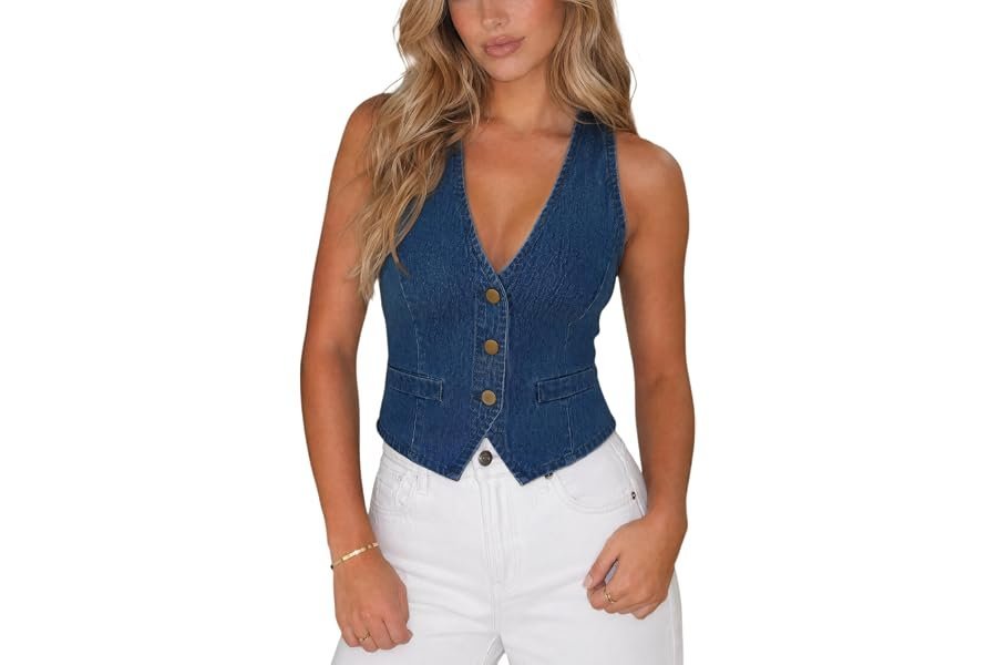 The Coat outfit for when casual needs a better publicist — Ladyful Womens Denim Vest Sleeveless V neck Jean Vest Top Suit Waistcoat