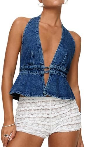 Finding the perfect balance with Strapless Jeans under the sunset sun — Nicoxijia Women's Y2K Backless Tie Back Halter Top Sleeveless Sexy Denim Vest Tops Strapless Jean Corset Bustier Streetwear