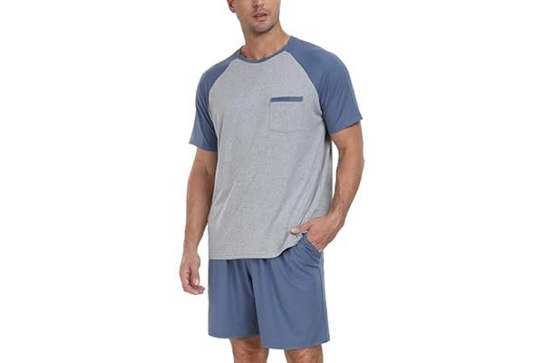 Quick elevator OOTD: No golden hour needed when the lighting hits — PrinStory Mens Pajama Sets Summer Pjs Sleepwear Nightwear Lightweight Short Sleeve