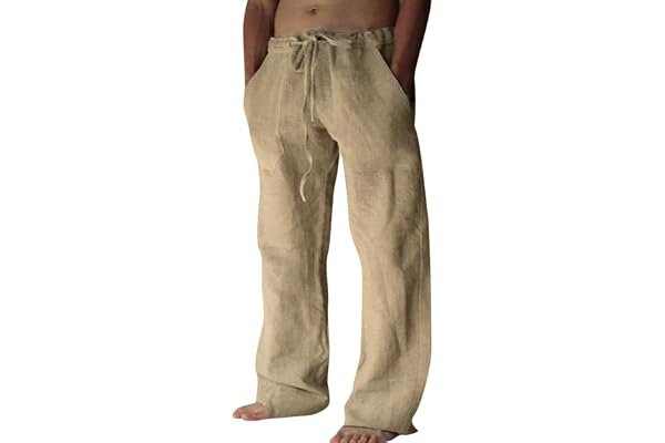 Morning school run or boss fight? Cozy survival outfit check — Puimentiua Cotton Linen Pants Men Casual Loose Fit Elastic Drawstring Waist Summer Beach Pants