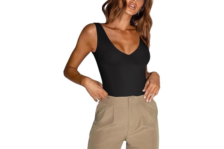 The unexpected outfit win starring Bodysuit and clean accents — REORIA Butsmooth® Women’s Basic Sexy Plunge Deep V Neck Sleeveless V Backless Going Out Tank Bodysuits Tops