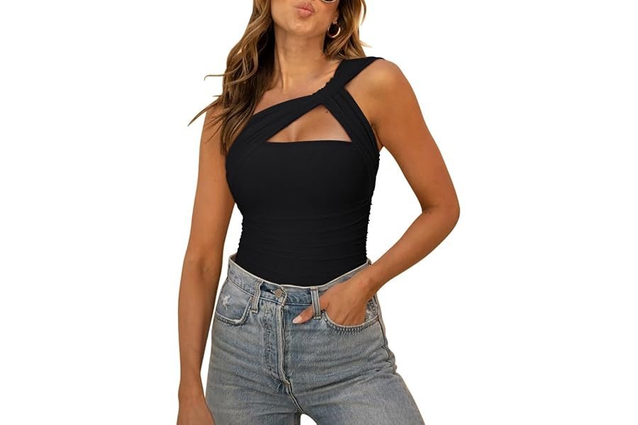 A seamless everyday outfit formula built on Ruched Bodysuit — REORIA Womens Sexy One Shoulder Asymmetrical Leopard Print Mesh Ruched Backless Going Out Bodysuits Tops