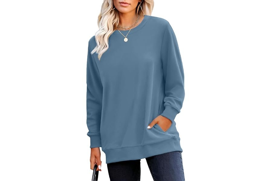 Soft textures, clean lines: Sweatshirt in the morning light — RUMIA Crewneck Fall Sweatshirt for Women Plain Long Sleeve Top with Pocket | Ladies Oversized Casual Clothes, Loose Fit, Softness, Comfort Colors Shirt, Cute Winter Sweaters Outfits