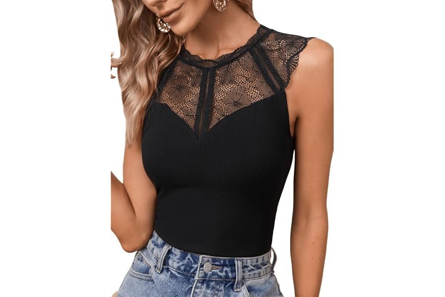 Why Bodysuit is the ultimate foundation for everyday styling — SweatyRocks Women's Sleeveless Round Neck Lace Corset Bodysuit Ribbed Knit Country Concert Tank Top