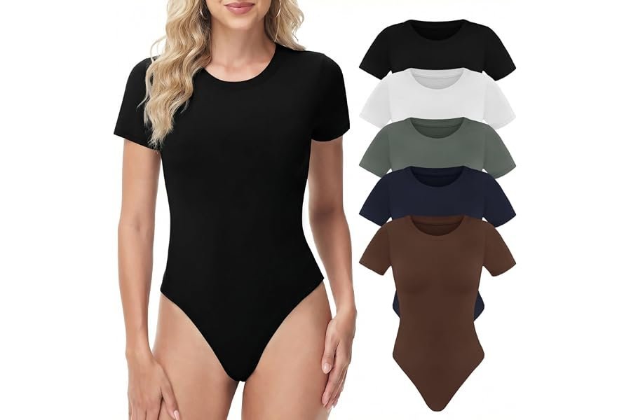 A seamless everyday outfit formula built on T-Shirt — TNNZEET Body Suits for Womens - Short Sleeve Round Neck T Shirts Tummy Control Compression Tops Casual Outfits 2026