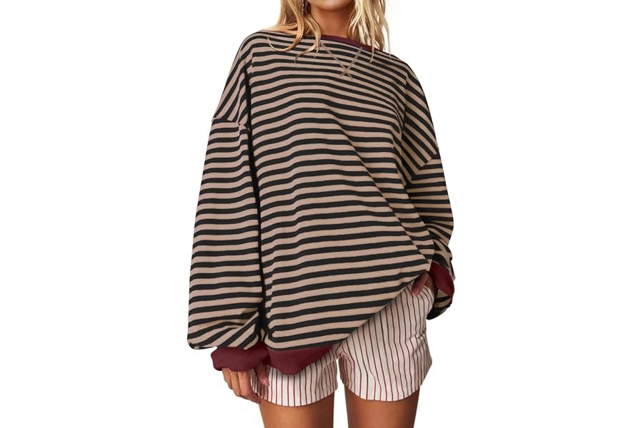The understated chic edit: T-Shirt for a sunset outing — UEU Women Oversized Striped Crewneck Sweatshirt Long Sleeve Color Block Pullover Tops Casual Loose Workout Shirt