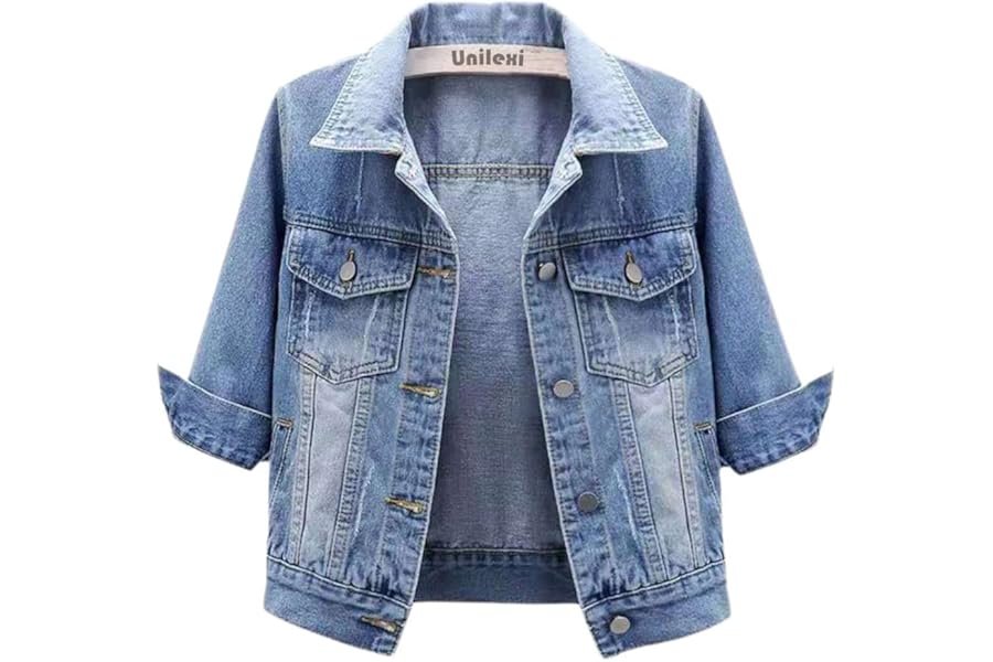The everyday outfit plot twist starring Cropped Jacket — Unilexi Women's 3/4 Sleeve Colored Cropped Denim Jacket Light Wash Short Jean Jacket Trucker Coat