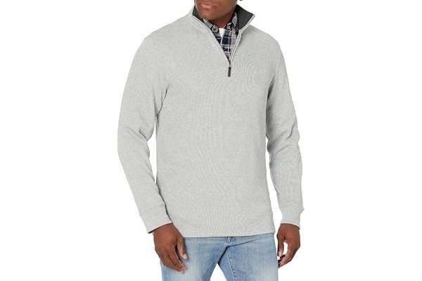 Earning husband points: A comfortable coffee run fit check — Amazon Essentials Men's Quarter-Zip French Rib Mock Neck Sweater