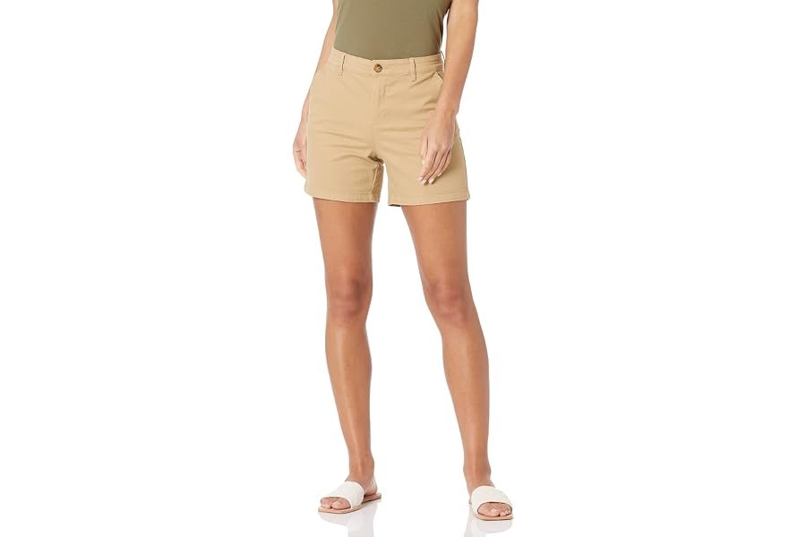 The at-home styling trick: letting Bodysuit set the visual tone — Amazon Essentials Women's Mid-Rise Slim-Fit 5 Inch Inseam Khaki Shorts (Available in Straight and Curvy Fits)