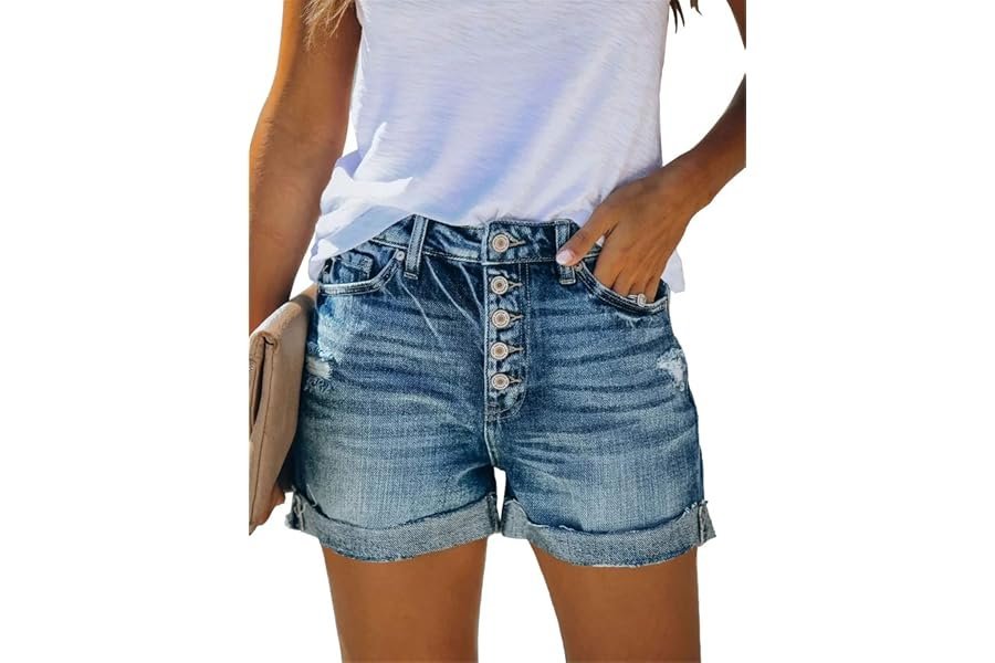 The Tops Short Sleeve Shirts Buttons outfit formula I would wear on repeat — Angerella Denim Shorts for Women Mid Rise Ripped Jean Shorts Stretchy Folded Hem Hot Short Jeans