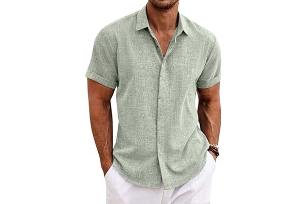 Commuting to the backyard playground: Solid comfort build — COOFANDY Men's Linen Shirts Short Sleeve Casual Button Down Shirt for Men Beach Summer Wedding