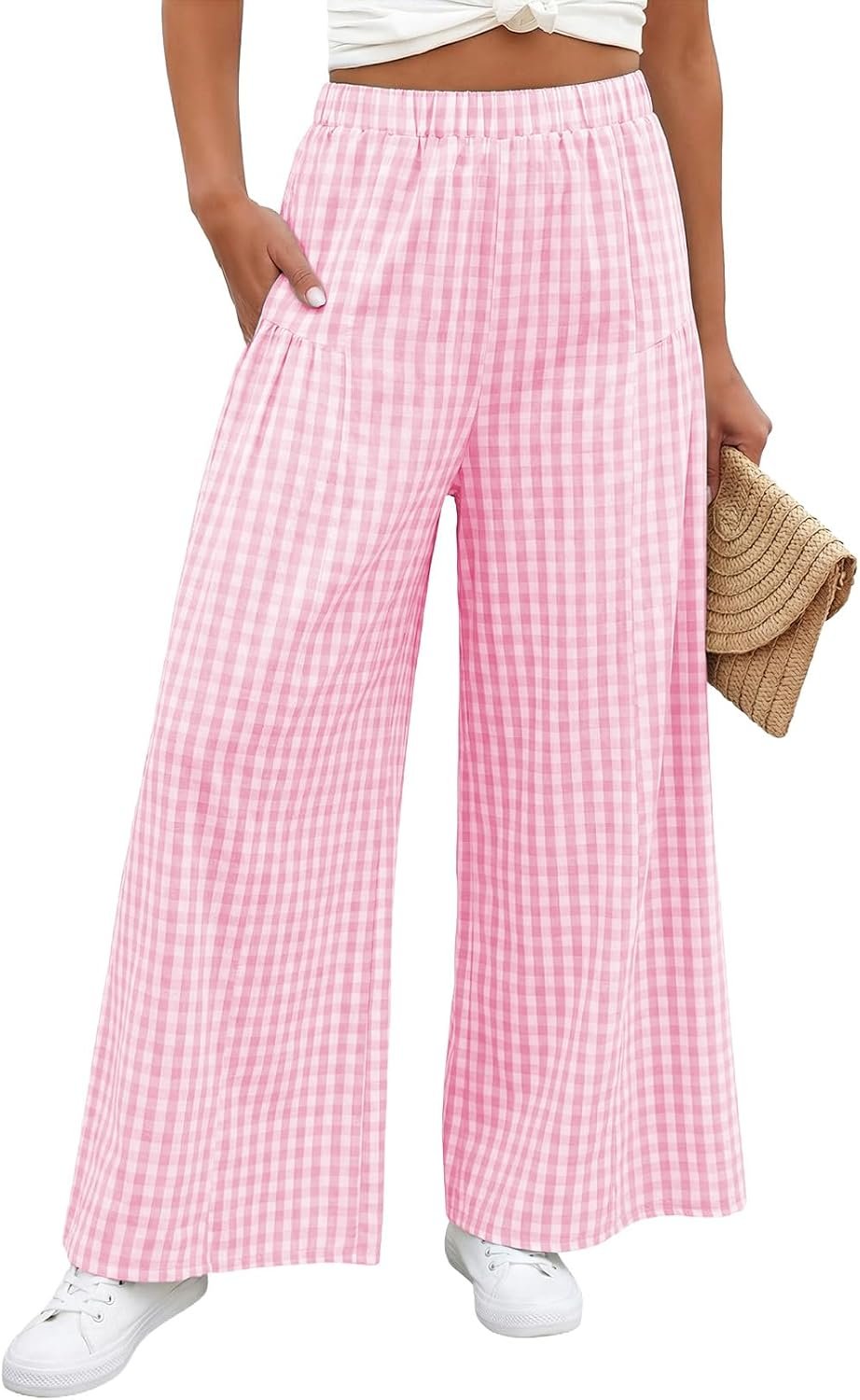 The everyday styling trick: letting Tank Top set the visual tone — EVALESS Women's Wide Leg Palazzo Pants Casual Elastic High Waisted Cotton Gingham Plaid Culottes Trousers with Pockets