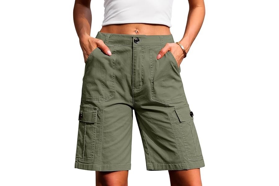 The unexpected outfit win starring Waterproof Lightweight Hooded Rain Jacket and clean accents — Eddoyee Bermuda Cargo Shorts for Women Casual Long Knee Length High Waisted Stretch Wide Leg Relaxed Fit