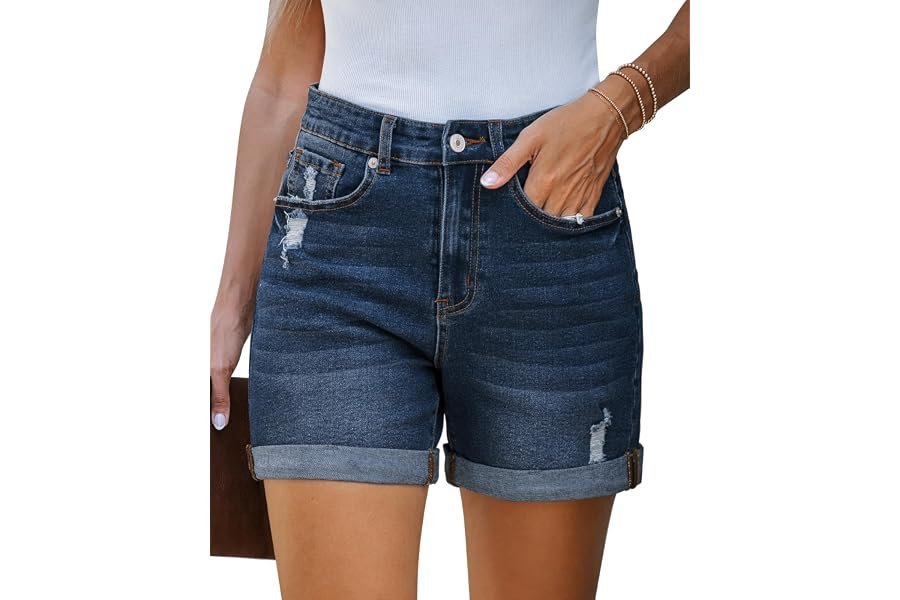 How to style Sweatshirt for that effortless morning transition — LookbookStore Jean Shorts Womens Stretchy High Waisted Ripped Denim Shorts with Pockets Trendy Distressed Cut Off Shorts