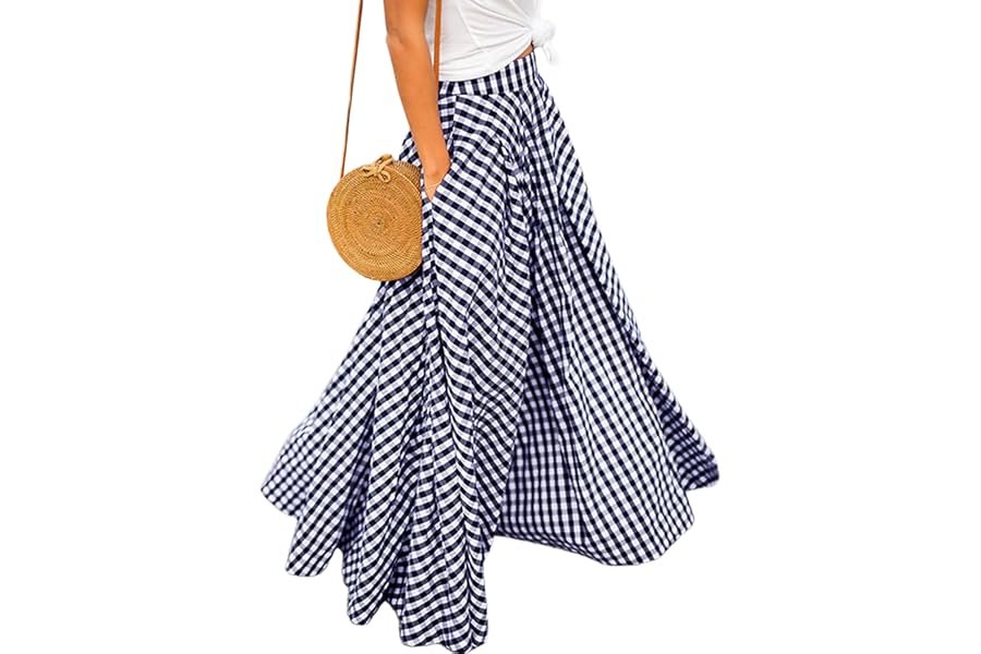This late-night look with Blazer is doing all the styling work — Mansy Women's Plaid Gingham Maxi Skirt High Waist A Line Pleated Flared Summer Casual Swing Long Skirt 2026