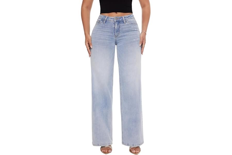 Tank Top understood the assignment before I did — ONESO Mid-Low Rise Baggy Jeans Wide Leg for Women Distressed Pants Stretchy Bottom Lady Basic Comfortable Denim