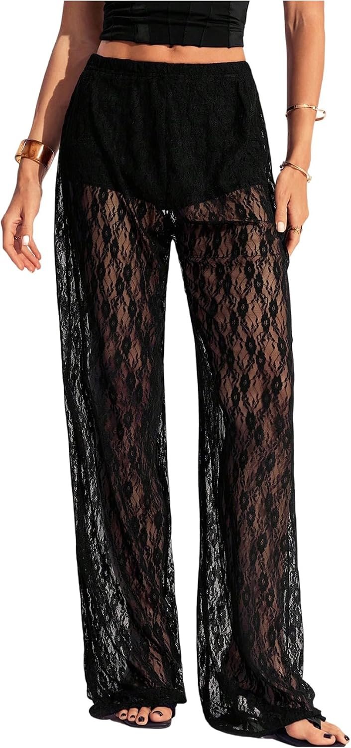 Minimalist styling rules: Jacket taking center stage — RoseSeek Women's Y2K Floral Lace See Through Pants Sheer Straight Leg Long Pants Club Wear