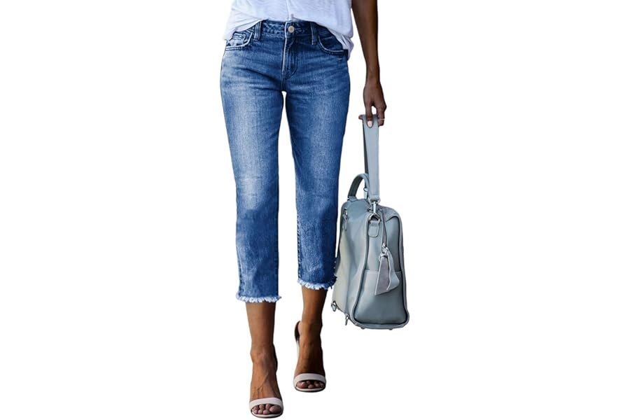 Waking up before the kids: Cozy morning outfit setup from Amazon — Sidefeel Women's Capri Jeans High Waisted Summer Fashion Straight Leg Raw Hem Denim Capri Pants