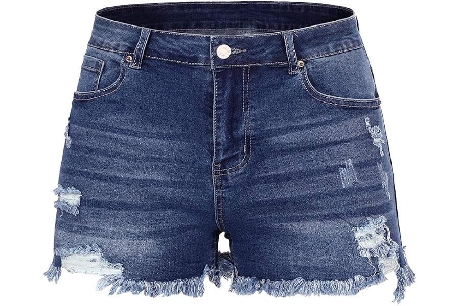 The curated at-home edit: featuring Top and Jeans — THUNDER STAR Women Mid Rise Ripped Stretchy Jeans Shorts Frayed Raw Hem Casual Denim Shorts