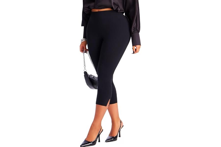 The effortless transition: Ruched Tank Top under the morning sky — TZLDN Women Capri Pants High Waisted Side Split Skinny Cropped Dress Pants | Work Pull On Capris Leggings Dressy Casual
