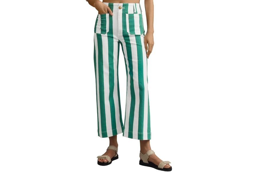 Upgrading the classic at-home uniform with Tank Top — Tankaneo Womens Cropped Striped Jeans Casual High Waisted Stretchy Polka Dots Straight Leg Denim Pants with Pockets
