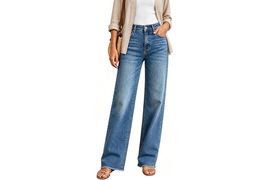 Chic, simple, and functional: Dress for a everyday day — UPNET Womens High Waisted Jeans Stretchy Straight Leg Loose Fit Tummy Control Raw Hem Denim Pants Trendy Fashion