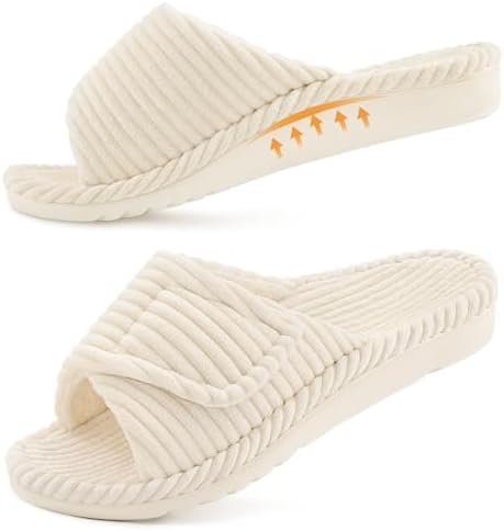 Shorts understood the assignment before I did — Litfun Orthopedic Slippers for Women Arch Support Indoor House Slippers Adjustable Open Toe Corduroy Bedroom Shoes with Memory Foam for Plantar Fasciitis