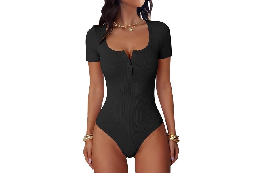 How Scoop-Neck Bodysuit turned a simple everyday walk into a wardrobe win — ANRABESS Women’s Bodysuits?Short Sleeve Scoop Neck Top? Fitted Ribbed Knit Soft Going Out Henley Shirts?Travel Work Body Suit