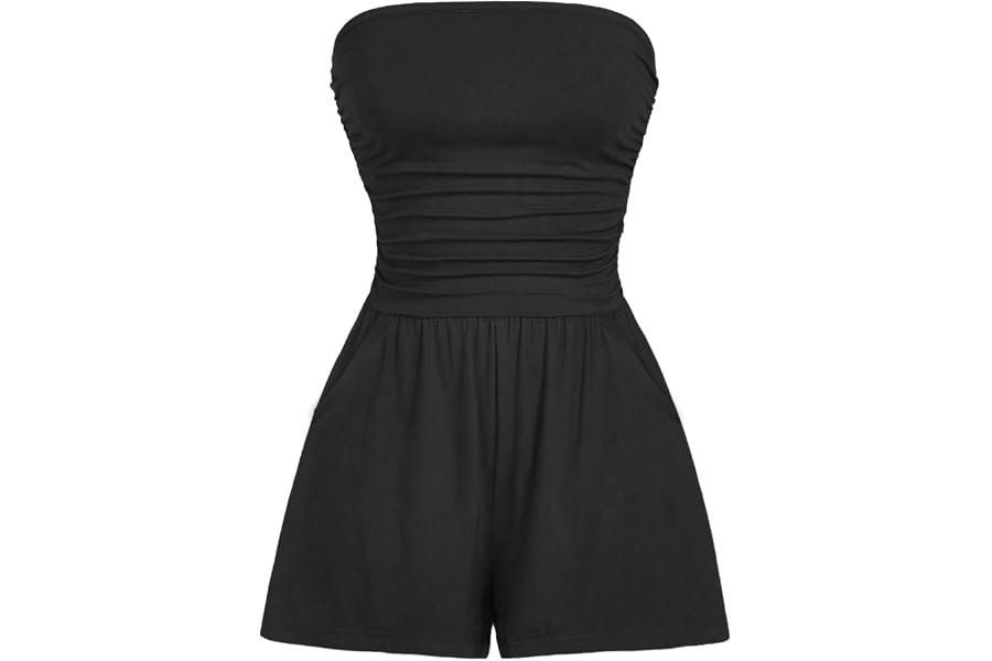 Strapless Shorts and : A visual study in effortless proportions — AUXDIO Women Summer Casual Strapless Romper Sleeveless Off Shoulder Short Jumpsuits 2026 Beach Vacation Clothes