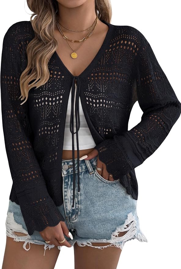 Jacket have more plans than I do — Allimy Women's 2026 Chic Crochet Cardigan Sweaters Tie Front Tops Shrug for Dresses