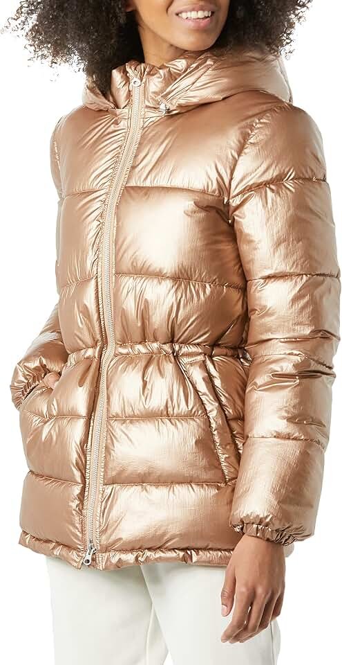 Hooded Jacket and High-Rise Skirt: A visual study in effortless proportions — Amazon Essentials Women's Heavyweight Quilted Hooded Puffer Winter Jacket with Adjustable Waist