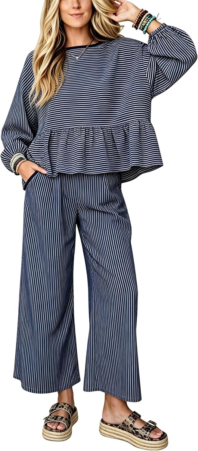 This everyday look with Striped 2 Piece Outerwear Lounge is doing all the styling work — Apafes Womens Striped 2 Piece Outfits Fall Outerwear Lounge Set
