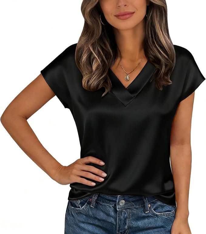 How Shorts turned a simple everyday walk into a wardrobe win — Axx Women Silk Satin Short Sleeve V Neck Blouse - Business Casual Dressy Tops for Women (US, Alpha, XX-Large, Regular, Regular, Black)
