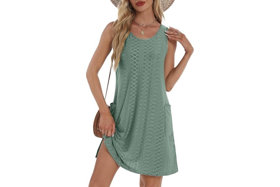 The casual-chic formula: Dress for a relaxed everyday scene — BKRIVE Coverup Summer Dresses for Women 2026 Eyelet Casual Loose Sleeveless Sundresses Tank Dresses with Pockets