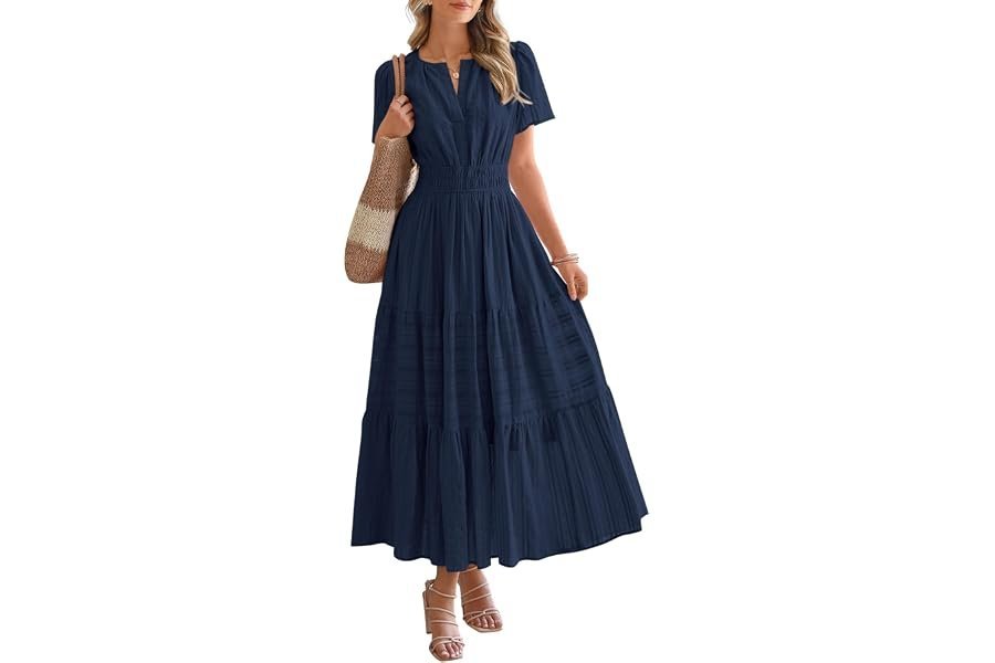 The understated chic edit: Lightweight Shorts for a late-night outing — BTFBM Womens Summer 2026 Casual Midi Maxi Dresses Lightweight Short Sleeve V Neck Elastic Waist Boho Beach Dress Pockets