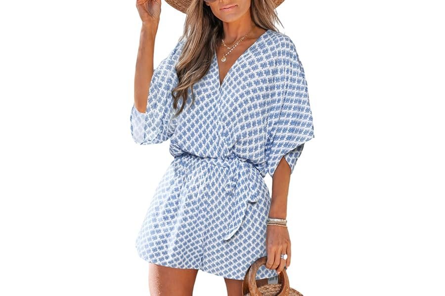 How Wide-Leg Dress turned a simple everyday walk into a wardrobe win — CUPSHE Women's Summer Romper Lace Up Printed Half Sleeves Casual Wide leg Vacation Outfit Mini One Piece Jumpsuit