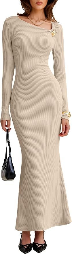 Dress made getting dressed suspiciously easy — Caracilia Womens Long Sleeve Ribbed Bodycon Maxi Dress