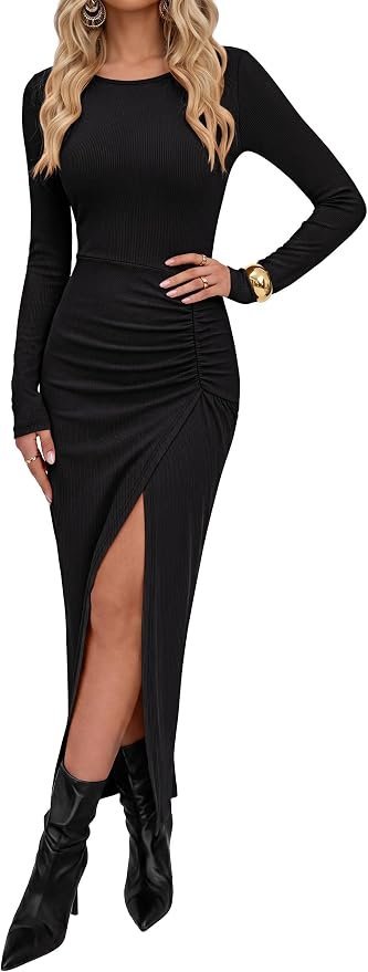 Upgrading the classic everyday uniform with Ruched Dress — Caracilia Womens Long Sleeve Bodycon Maxi Fall Dresses Ruched