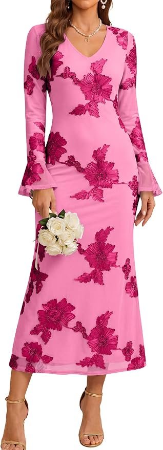 Wind advisory: Dress may steal the scene — Caracilia Women Fall Bell Long Sleeve Bodycon Midi Wedding Guest Dresses