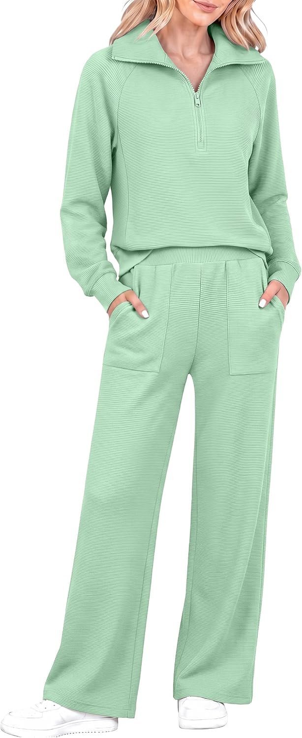 How to style Women 2 Piece Ribbed Knit for that effortless golden-hour transition — Casly Lamiit Women 2 Piece Ribbed Knit Matching Lounge Sets Half Zip Outfit