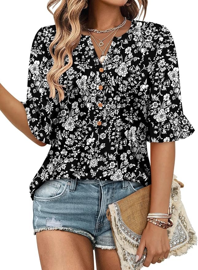 Top made a regular day look interesting — Chiczone 3/4 Length Bell Sleeve Summer Boho Tunic Tops for Women