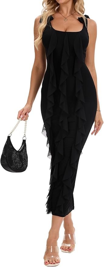 Dress earned the front spot in this fit check — Cufezn Women's Wedding Guest Maxi Dress Sexy Strap Summer Cocktail Dresses