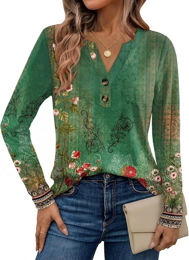 How to make Shirt feel intentional, comfortable, and current — Dealmore Women's Boho Henley Printed Shirts V-Neck Tunic Tops