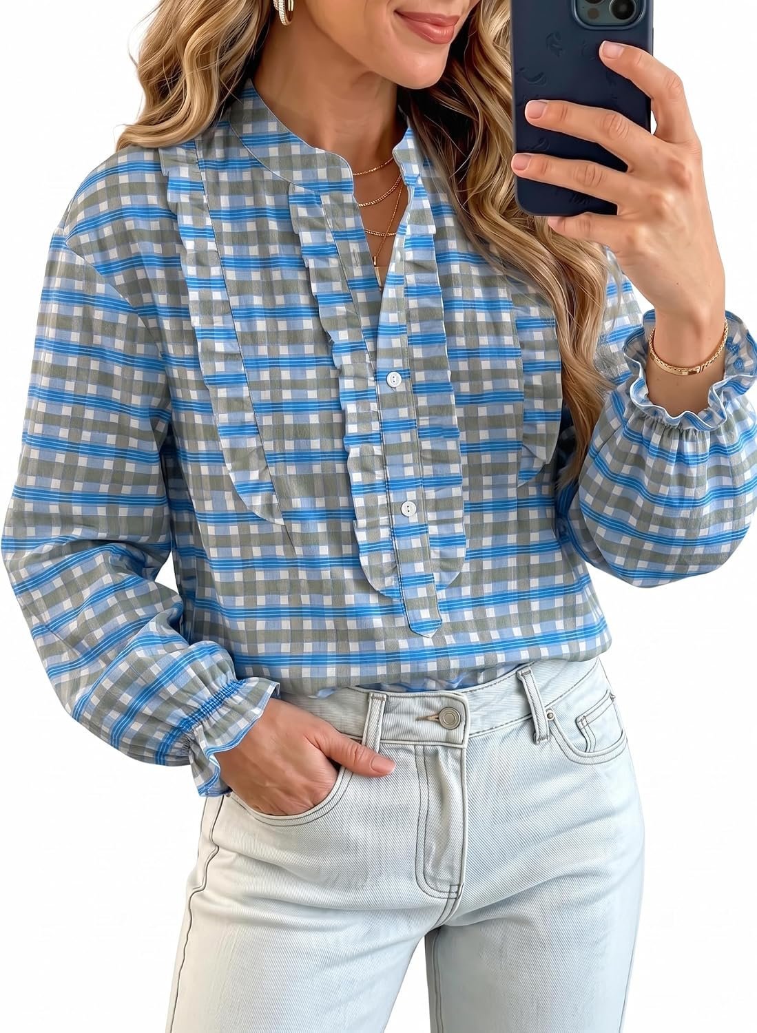 The unexpected outfit win starring Blouse and clean accents — Dokotoo Women's Plaid Striped Button Tops Blouse 2026 Ruffle Work Shirts