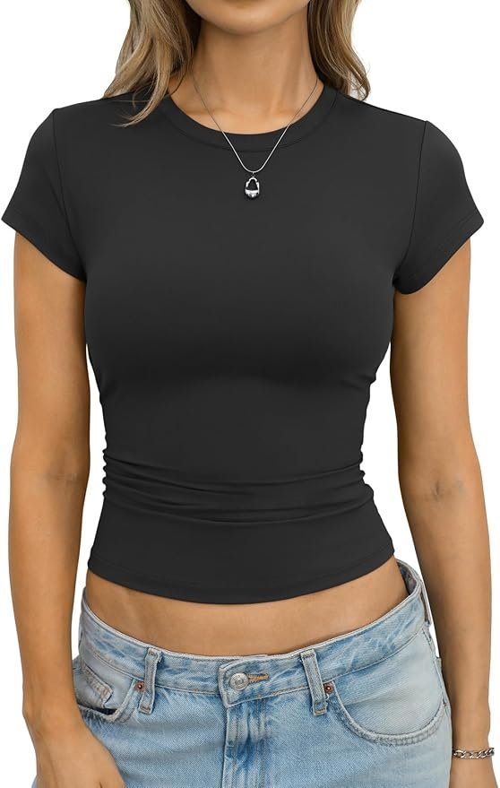 Minimalist styling rules: Cropped Shorts taking center stage — Eachyes Womens Short Sleeve Slim Fitted Shirts Basic Casual Crop Tops